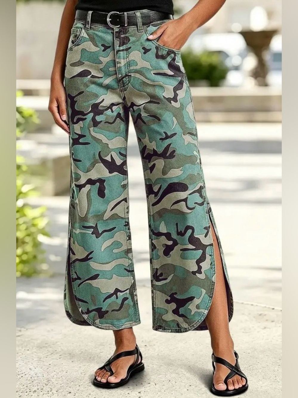 Flamingals Camo Pattern Split Mid Waist Wide Leg Crop Pants